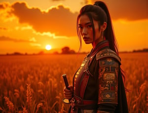 Golden hour warmth bathes a stoic Asian woman clad in traditional armor, set against a blazing backdrop of fiery sunset and ablaze golden wheat fields. Her determined expression shines like embers as flames dance across her face, katana sword held steady at the ready. The inferno's fury contrasts with her unwavering resolve.