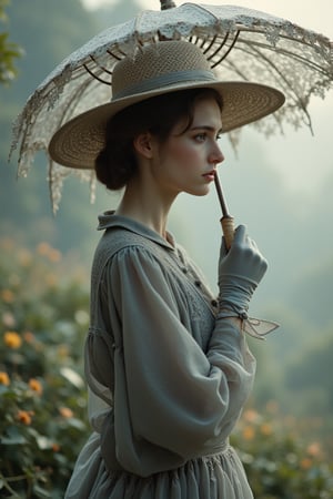 A tranquil scene unfolds: A woman dressed in flowing gray and wide-brimmed hat stands before a softly lit backdrop with muted tones, evoking calm contemplation. Her gloved hand holds the parasol's delicate canopy, shading her peaceful face as she ponders amidst a serene landscape. The gentle curves of her dress harmonize with the soft focus, framing her thoughtful expression in a soothing atmosphere.