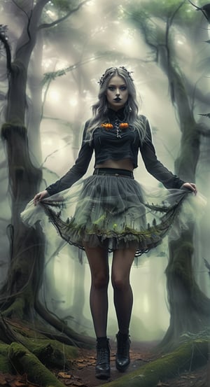 Mystical Forest Stroll:
[Art AI Halloween 2023 Creativity style] A captivating giantess in a bewitching miniskirt, gracefully walking through an ancient, fog-draped forest. [Random camera view, ultra resolution, intricate details, shadows dancing in ethereal light.],Monster