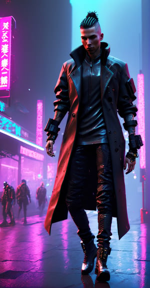 Sleek and Futuristic 3D Game Character Model**: Meet the cyberpunk mercenary, complete with sleek cyber-enhancements, neon tattoos, and a dramatic, rain-soaked urban backdrop.
,cyberpunk style,HellAI
