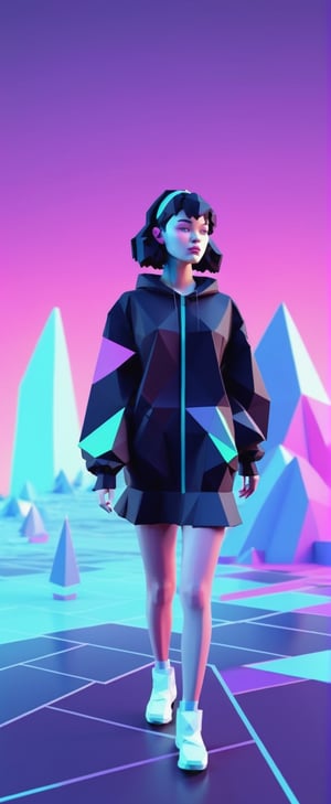 Low-Poly Girl in a Digital World**: A low-poly girl character navigating a digital landscape with blocky, jagged aesthetics.
,vaporwave style