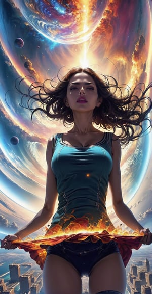 Quantum Chaos: Giantess existing in multiple states, each step causing ripples in space, a mind-bending portrayal of quantum-scale destruction.
,flmngprsn,perfecteyes