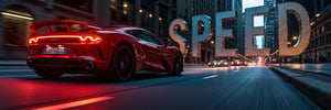 A sleek, crimson sports car accelerates down the urban boulevard under the soft glow of city lights, its taillights blazing like hot coals as it eats up the asphalt, with the camera positioned at a low angle to emphasize the car's power and agility. In the background, bold, metallic letters SPEED spell out against a dark canvas, casting a sharp silhouette that reads like a warning sign, a constant reminder to push the limits of velocity and thrill.