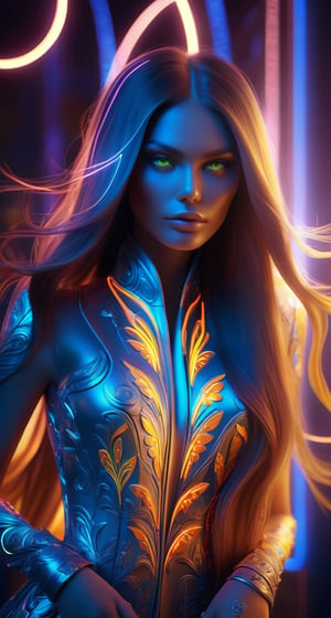  Epic 3d portrait of an anthropomorphic, very beautiful woman with very long, silky hair with a light, neon glow, perfect eye color and appearance, symmetrical, perfect body, body art with an engraved pattern, fashionable, shiny and elegant outfit with a floral pattern, cinematic complex portrait, close-up, camera focus on the face and details, 4D, HDR, 16K, cinematic complex lighting, ultra visualization of details, textures and surroundings, hyper-realistic,
 complex detailed and ultra-realistic rendering, unreal engine, artstation, octane render, blender reference, redshift render maxon
