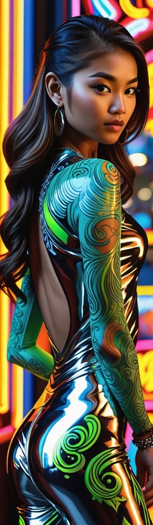 "Design an artwork featuring a girl of Western Asian descent with reflective body art influenced by Dave Whamond's concepts. Add slow-motion charm with cinematic rear views, creating a unique and reflective scene within this mesmerizing and artistically detailed portrayal."
,Leonardo Style,neon photography style
