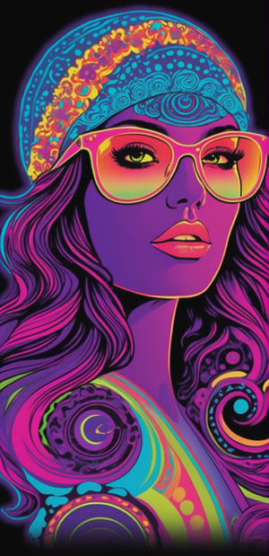 Psychedelic Soiree: Immerse yourself in a psychedelic soiree with hyperrealistic portrayals of vibrant female characters on a trippy midjourney, designed for psychedelic poster and sticker art. Slogan: "Groovy Gal."
,neon style