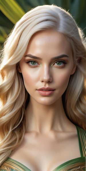 ultra realistic photo of a woman that look like a mix of angelina jolie Emma Watson Gal gadot Karen Gillan Erin Moriarty as a heavenly goddess,
3d body art, white hair, green eyes, highly detailed
,Leonardo Style