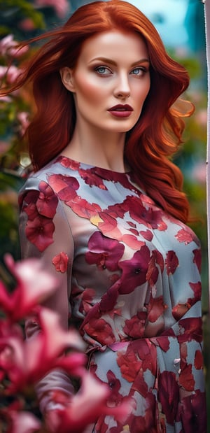 A very beautiful, dark red-haired, stylish woman with eyes reflecting the planet Earth, with an artistic pattern on her dress and the best face features,
 against the background of falling azalea petals, in a four-dimensional, photorealistic space 
,Mar1lyn_pos3,p3rfect boobs