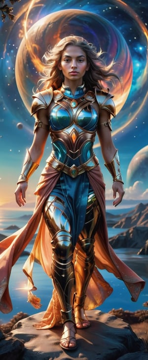 A celestial siren emerges from the shimmering vortex, her metallic armor reflecting the kaleidoscope of hues within the iridescent sphere. As she stands before the distant blue planet, her serene gaze radiates calm amidst the dreamlike atmosphere. The surreal landscape stretches out, a tapestry of wonder and mystery.,FuturEvoLabFlame,ABMavatar