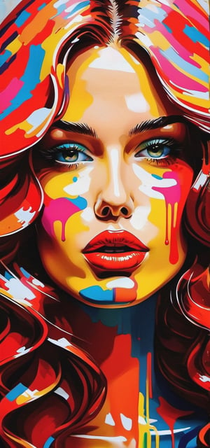 In the style of "Pop Art": Irina Bogushevskaya and Yuri Shevchuk as vibrant pop art icons, reflecting the pop culture influence of their era.
,dripping paint