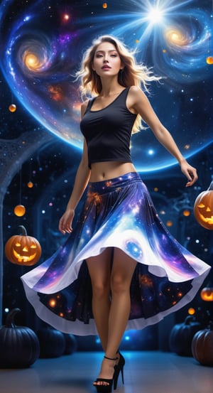 Celestial Symphony:
[Art AI Halloween 2023 Creativity style] Picture a colossal goddess in a cosmic miniskirt, walking amidst celestial wonders and galaxies. [Random camera view, ultra resolution, cosmic details, interplay of shadows and celestial light.],bl3uprint