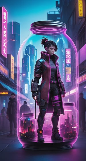 Cyberpunk Sticker with Tenten**: Futuristic, neon-lit, dystopian cityscape, highly detailed, edgy.,Kratos ,in a jar