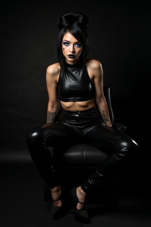 A captivating avant-garde beauty sits confidently against a dramatic black backdrop, lit by studio lights. Her piercing icy blue eyes burn with intensity as she flaunts her athletic physique in sleek leggings and glossy crop top, striking pose in high heels. Raven-black locks create geometric accents on porcelain skin, punctuated by bold makeup and lighting.