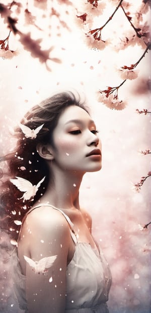 A woman with angelic wings in close up surrounded by cherry blossom petals,DonMD3m0nXL 