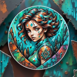 Sticker art meets chaos theory as a lone woman emerges from the xdsl chaos, a vibrant anomaly in a kaleidoscopic realm of fragmented realities.
,LOGO,mascot logo,patina metal skin