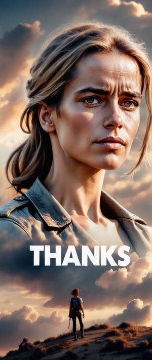(( The text on the "Thanks Advanced for 10000 likes" sign in the center of the composition )) ,Design a portrait of ( Sarah Connor ), in the style of Anton Pieck, with romantic lighting and gentle shadows, vintage tones and dreamy compositions, back view intensity, epic clouds and mercury blending shot,Masterpiece,better photography,Text,text as ""
