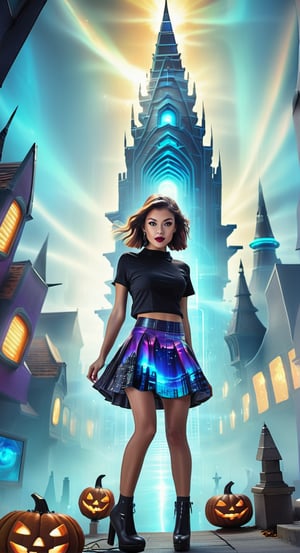 **Pixelated Wonderland:**
   [Art AI Halloween 2023 Creativity style] Step into a retro-futuristic cityscape with a giantess in a pixelated miniskirt, exploring a world filled with nostalgic elements. [Random camera view, ultra resolution, capturing pixelated details, interplay of shadows and vibrant retro lights.]
,Kajal,DonMDj1nnM4g1cXL 