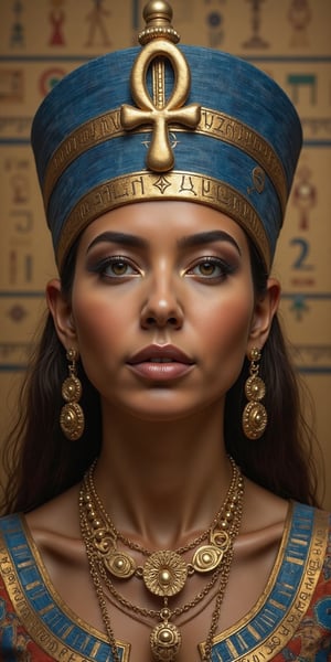 A stunning surrealist artwork features an ancient queen standing majestically amidst intricate hieroglyphs. Her regal headdress, adorned with a large golden ankh symbol, shines against the rich blue and gold hues of her flowing robe. The queen's flawless skin, almond-shaped eyes with precise black eyeliner, and serene authority exude confidence. Ornate gold jewelry, including earrings and layered necklaces, features Egyptian symbols like the Eye of Horus and ankh. The queen's skin texture and hair are meticulously detailed, blurring the line between reality and surrealism.