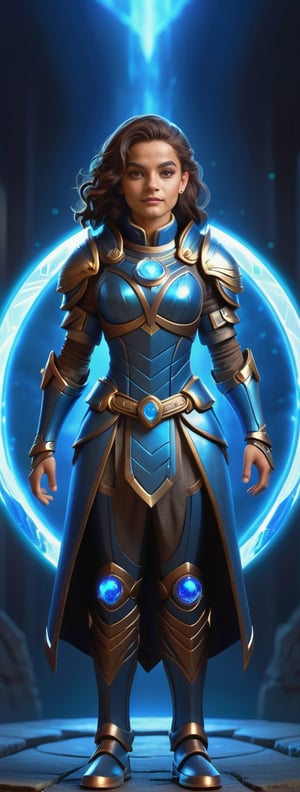  A female character in fantasy armor with glowing blue energy powers. She is standing in front of a circular portal with a glowing blue background.,FuturEvoLabBadge,mascot logo