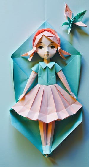 Origami-style representation of a girl - paper art, pleated paper, folded, origami art, pleats, cut and fold, centered composition.
