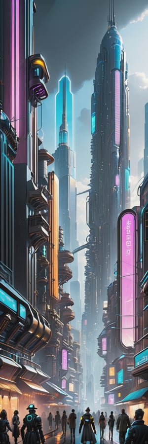  Futuristic Cybernetic Metropolis: High-tech skyscrapers, neon lights, AI-driven society, bustling streets.,steampunk style