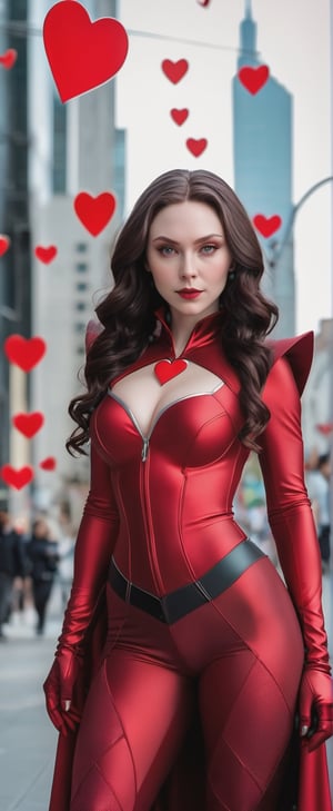 a woman in a red costume posing for a picture, inspired by Frank Miller, scarlet witch costume, elegant lady with alabaster skin, ryan kiera armstrong, fullbodysuit, [[fantasy]], yennefer, red hearts, super hero costume, benjamin vnuk, matte photo, she - hulk, devon cady-lee, lucas graziano, curvy
,b3rli