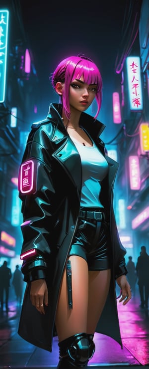  Neon Noir with an Urban Girl: Cyberpunk cityscape, neon lights, urban girl character in low light, high contrast.,makima