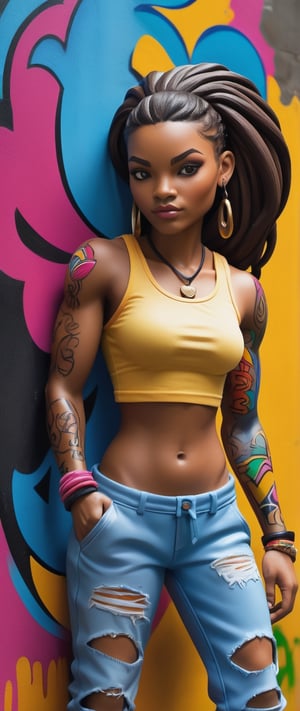  "Craft an illustration featuring a girl of Caribbean descent with vibrant graffiti-style, realistic body art. Set her against a room with urban art inspired by street murals, and add slow-motion charm with cinematic rear views for a culturally rich and hyper-realistic scene."
,ActionFigureQuiron style