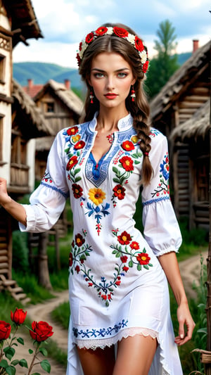 **Model in a traditional Ukrainian vyshyvanka** in a rustic village setting, with a zoom-in on the intricate embroidery.
,Resident evil,Long Legs and Hot Body,Slim body,skp style