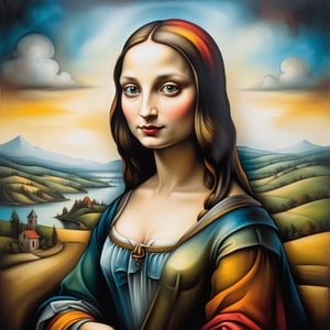 Poster-style depiction of a woman, where the composition is a vibrant interplay of colors, guided by random settings, with dynamic light and shadow.
,more detail XL,Oil painting of Mona Lisa , in the style of esao andrews