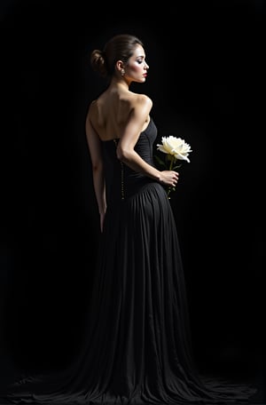 A hauntingly lifelike portrait of a statuesque woman, draped in an opulent gown, cradles a delicate rose against a dramatic backdrop of pure black. The high-contrast image bursts with clarity, revealing minute details and textures. A radiant light source bathes the crystal-clear white flower on her right, as she stands tall, her hand subtly resting behind her back, exuding poise, sophistication, and an air of mystery.