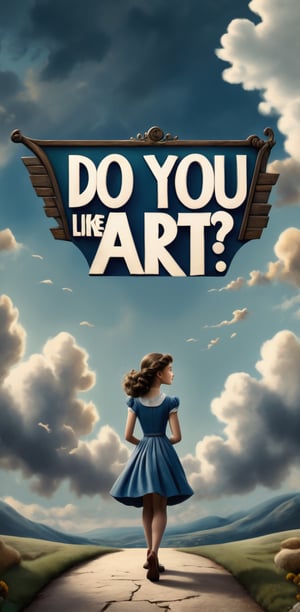 (( The sign text "Do you like art?" )) ,Design a portrait of ( Mia Thermopolis ), in the style of Anton Pieck, with romantic lighting and gentle shadows, vintage tones and dreamy compositions, back view intensity, epic clouds and mercury blending shot,Masterpiece,better photography,Text,text as "", 3D SINGLE TEXT,style_brush