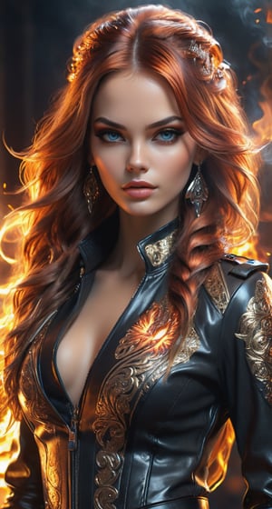 Very beautiful woman of perfect text "Great",perfect eyes and face features,fashionable leather glossy outfit with art engraved design,long fire hair,body art,cinematic,over-detailed,atmospheric portrait,focus on details,
dramatic lighting,realistic rendering,128K,HDR,BLENDER 3D