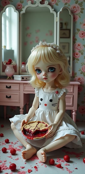 A hauntingly beautiful scene unfolds: a porcelain doll with blonde locks and piercing blue eyes sits amidst a sea of pastel hues in a child's room, complete with floral wallpaper and a pink baby dressing table. The cracked pie clutches her delicate hands, red filling stains her paws and hem mirroring crimson berries scattered on the floor. A three-sided folding mirror reflects the mirrored corridor beyond, adding depth to this melancholic tableau, while the Hello Kitty-inspired dress conveys tragic longing, as if frozen in sorrow.