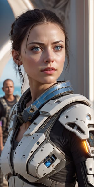 A very beautiful woman, a character from the movie "Elysium, 2013 " beautiful, detailed eyes and face features, stylish outfit, best art style,
 realistic lighting, detailed cinematic portrait and details, HDR, 8K, 5d background concept art
,3d style