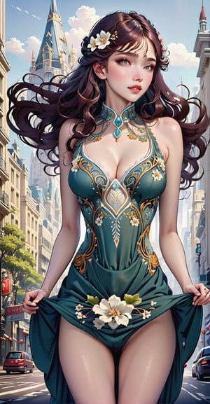 Art Nouveau Majesty: Giantess with intricate floral patterns on her dress, walking through a city adorned with art nouveau architecture, a fusion of nature and human creation.
,Mar1lyn_pos3