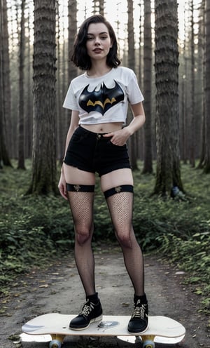 a beautiful young woman standing on top of a skateboard, a portrait, by Ivan Grohar, tumblr, toyism, batman t shirt, fishnets stockings, in front of a forest background, in batman comic book, # 0 1 7 9 6 f, outfit photo
,Anya_borzakovskaya
