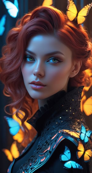 Intricate art detals portrait,fan art,surreal,concept art,Rococo,fantasy,futuristic art, perfect and stunning woman with high detail of the body, eyes and face from artgerm and Eduard Bisson,3d body art with a pattern and soft neon glow, ultra-realistic detailed face, realistic eyes of magnificent color, very long shiny,gothic exotic hairstyles,glossy black-fiery hair, cinematic ultra detailed portrait, camera focus on the face and details, soft studio lighting, ultra-realistic fashion outfit with 3d floral pattern, filigree detailed bodice with art energy engraving, realistic rendering, photorealistic, octane rendering, unreal engine, ultra-detailed, volumetric lighting, hdr, octane rendering, 16k, blender 3d, artstation,ultra realistic 3d cinematic woman portrait,hiperrealistic 5d,
 3d arts, ultra realistic butterfly gravity background, small ice real particles in air and neon energy space
,neon photography style
