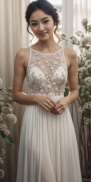 A serene woman in a flowing white dress with delicate floral patterns poses confidently against a whimsical backdrop of interconnected flowers, warm sunlight casting gentle shadows on her face as she wears a subtle smile, her radiant complexion illuminated by the soft focus.,realistic hands