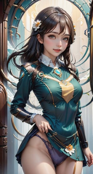An Art Nouveau-inspired masterpiece featuring a woman in a miniskirt and a comfortable cosplay uniform, showcasing cute panties with flowing, elegant lines.
,Mechanical part