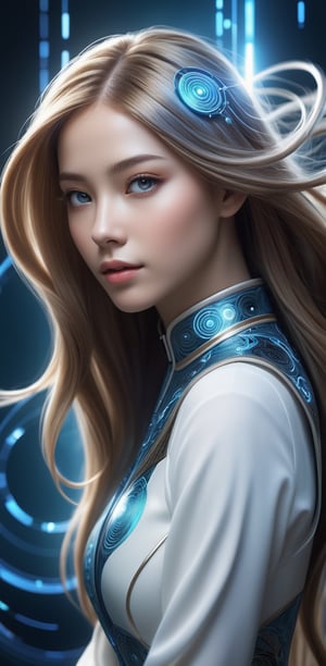 Text "Cool Ai" [Digital Harmony]: Immerse yourself in the harmonious blend of the digital and the organic in a female character's journey, with her hair seamlessly integrating with digital elements and her eyes reflecting the serene harmony between the two realms.
,text