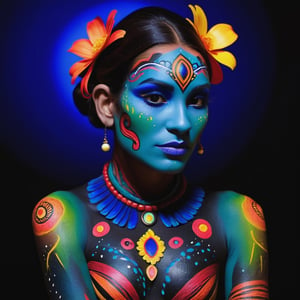 "Craft a surrealistic portrayal of a girl of South American descent with body art inspired by Jaume Capdevila's whimsical style. Embrace surrealism, and add slow-motion charm with cinematic rear views, creating a dreamlike and artistically detailed narrative."
,blacklight makeup