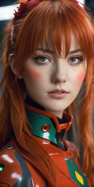 body art portrait of beautiful woman, Asuka Langley from Evangelion, post apocalyptic, charismatic looks, beautiful face, pale skin, nice hot eyes, photorealistic,maximum texture,
 Perfectionism, Cinematic Lighting, extremely detailed , Post-Production, 8K,realistic shaders effects,huayu,Dark_Fantasy_Style