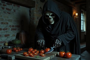 In a dimly lit, rustic kitchen, worn brick and wooden beams create a somber backdrop. Grim Reaper's tattered black robes flow behind him like a dark cloud as he slices plump tomatoes on a weathered cutting board with the scythe's curved blade, cold, bony fingers grasping the tool. The blade casts an unsettling glow on the walls, juxtaposed against the fresh produce filling the air with its earthy scent. Grim Reaper's intense focus and precision evoke a sense of dark fantasy as he performs a mundane task with unnerving ease, his scythe glinting in the faint light.