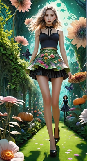 *Enchanted Garden Soiree:**
   [Art AI Halloween 2023 Creativity style] Picture a giantess in a floral miniskirt, gracefully walking through a garden filled with oversized flowers and whimsical vegetation. [Random camera view, ultra resolution, capturing intricate floral details, play of shadows and natural sunlight.]
,DonMF43XL,Niji Slime