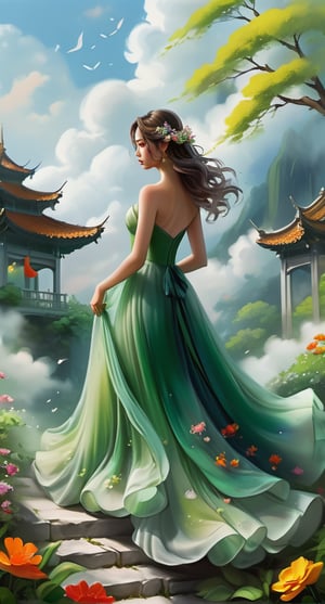 A whimsical scene unfolds: a woman dons a flowing green gown as she stands confidently on a fluffy white cloud, the soft misty veil of clouds beneath her feet. Lush plants and vibrant flowers bloom around her, their petals swaying gently in an unseen breeze.,Nyantcha style 