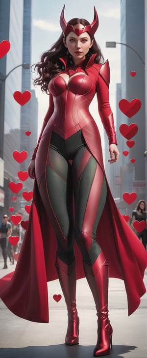 a woman in a red costume posing for a picture, inspired by Frank Miller, scarlet witch costume, elegant lady with alabaster skin, ryan kiera armstrong, fullbodysuit, [[fantasy]], yennefer, red hearts, super hero costume, benjamin vnuk, matte photo, she - hulk, devon cady-lee, lucas graziano, curvy
,3d style