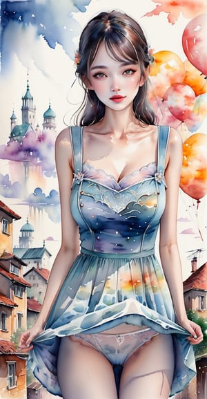 Watercolor Dreams: Delicate Giantess in a dreamlike setting, surrounded by watercolor clouds, her impact on the city depicted with gentle strokes of color.
