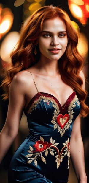 Close-up shot of a fiery-haired beauty, her bold red locks framing her heart-shaped face, as she flashes a bright smile and bold lip color. The camera captures her striking features in a soft, hazy blur, emphasizing the intricate embroidery on her flowing dress, which seems to shimmer in the subtle lighting.,Long Legs and Hot Body,more detail XL,DonMM1y4XL