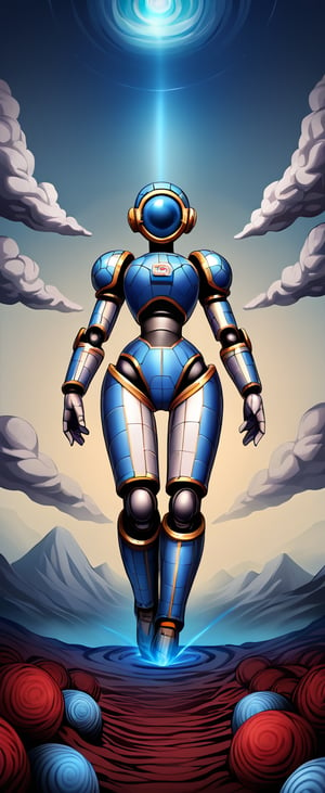  This is an image of a female figure standing in a surreal landscape. She is surrounded by a large, iridescent, cloud-like sphere with various colors and a blue planet. The figure is wearing a metallic outfit and has a serene expression.